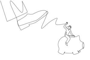 Single continuous line drawing Arabian businessman riding a piggy bank runs away from giant foot. Moving quickly saves assets and profits. For a better future. One line design illustration vector