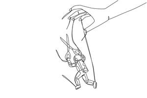Continuous one line drawing astronaut walking moved by ropes controlled by giant hand. Untie with scissors. Must land on lunar surface. Expedition. Puppet. Single line draw design illustration vector