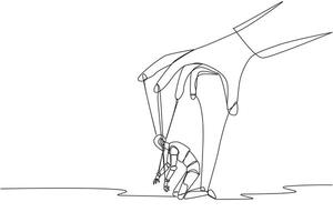 Single continuous line drawing robot kneel, entire body bound by ropes controlled by giant hands. Deep despair. Artificial intelligence not functioning optimally. One line design illustration vector