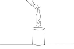 Single one line drawing businessman's hand throwing away a broken bottle. Dangerous. Can be used as sharp weapon. Must be thrown away immediately. Cracked. Continuous line design graphic illustration vector