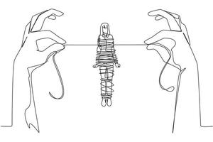 Single continuous line drawing businesswoman standing and tied by a rope held by 2 giant hands. Can't move anywhere. Trapped in debt. Fraudulent investment. Failed. One line design illustration vector