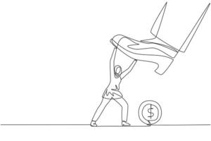 Single continuous line drawing Arab businesswoman holds back giant foot wants to step on coin with dollar symbol. Courageous action to resist arbitrary authority. One line design illustration vector