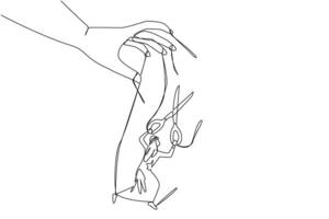 Single continuous line drawing Arabian businessman walking moved by ropes controlled by giant hands. Relying on scissors to escape. Free from restraints. Puppet. One line design illustration vector