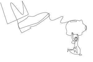 Continuous one line drawing Arabian businessman carrying piggy bank run away from giant foot. Trying to running fast saves capital from major disruption. Single line draw design illustration vector