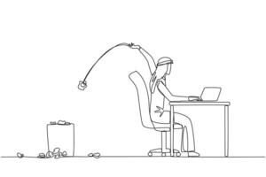 Single one line drawing Arabian businessman typing at the work desk throwing wads of paper into the trash. Too many ideas make the business concept unclear. Continuous line design graphic illustration vector