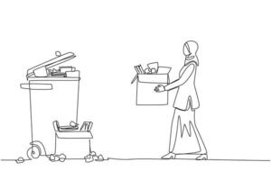 Single continuous line drawing Arab businesswoman carrying a cardboard box full of piles of paper to the trash. A clean work room will provide more enthusiasm. One line design illustration vector