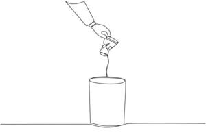 Single one line drawing businessman's hand throws away a crushed paper cup. The correct way to dispose of it. Cannot be misused by irresponsible people. Continuous line design graphic illustration vector