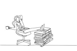 Single continuous line drawing businessman sitting relaxed in a work chair while holding mug. Foot resting on stacks of banknotes. Get lots of benefits. Profitable. One line design illustration vector