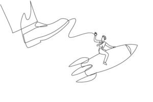 Single continuous line drawing businessman riding a rocket flies away from the giant foot. Redirection. The struggle to keep the business flying high. Profitable. One line design illustration vector