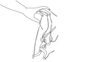 Single continuous line drawing the walking businessman moved by ropes controlled by giant hands. Trying to untie knot with scissors. Escape. Freedom in business. One line design illustration vector
