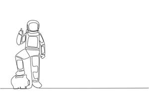 Single continuous line drawing astronaut stands with thumbs up pose and steps on the piggy bank with one of foot. Happy to release assets to conduct space research. One line design illustration vector
