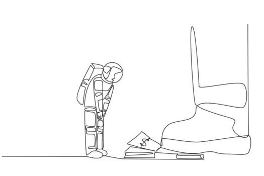 Continuous one line drawing astronaut nodded in front of giant foot stepping on stack of banknotes. Requesting additional expedition funds. Cosmic concept. Single line draw design illustration vector