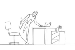 Single continuous line drawing Arab man standing with one leg raised and his hand typing on a laptop. Keep doing light exercise even though have an online meeting. One line design illustration vector