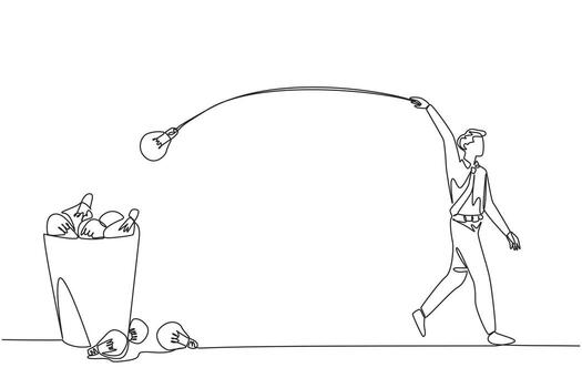 Single continuous line drawing businessman walking throwing light bulbs into the trash can. Avoiding responsibility for ideas that are not brilliant. Disappointing. One line design illustration vector