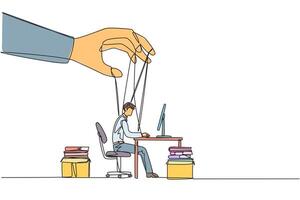 Continuous one line drawing businessman typing on a laptop, hands moved by ropes. Like having a lot of debt, not being able to move freely. Controlled. Single line draw design illustration vector