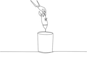 Single continuous line drawing businessman's hand throwing away a broken rocket. Can't fly. Not expanding the business. Insufficient equipment. Business setbacks. One line design illustration vector