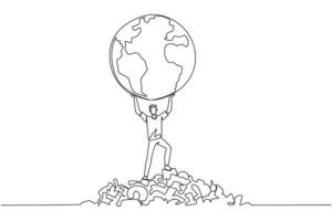Single continuous line drawing man raises globe with both hands. There is rubbish scattered around. Do the best to save the earth from the abundance of waste. One line design illustration vector