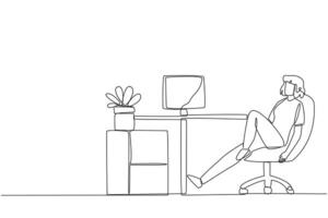 Single one line drawing woman sits in work chair with one of legs raised and folded. Do some warm-up movements. Eyes are tired and need to focus. Overtime. Continuous line design graphic illustration vector