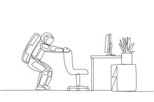 Single continuous line drawing astronaut stands with a slight bend and both hands hold the top of chair. Stretching. Nervous. It's time to go on a space expedition. One line design illustration vector