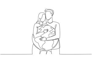 Continuous one line drawing man and woman hug each other. They both hug the globe. A couple helps protect the earth. Preserving it. World environment day. Single line draw design illustration vector
