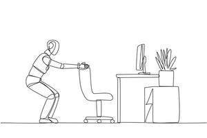 Single continuous line drawing smart robot stands with a slight bend and both hands hold the top of chair. Guide robot. Example of exercise while at the office. One line design illustration vector