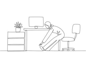 Continuous one line drawing Arabian woman sitting in work chair with legs straightened. Stretching. Focus improves. Not sleepy. Completed work. Hectic. Single line draw design illustration vector