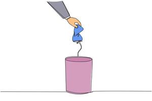 Single continuous line drawing businessman's hand throws away a crushed drink can. The correct way to dispose of it. Can be recycled. Useful waste. Broken. Cracked. One line design illustration vector