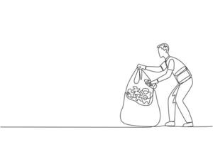 Single continuous line drawing trash man puts some rubbish into plastic trash. Picking up while sorting rubbish. Only organic waste will be put into plastic. Reuse. One line design illustration vector