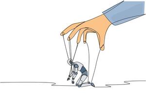 Single continuous line drawing robot kneel, entire body bound by ropes controlled by giant hands. Deep despair. Artificial intelligence not functioning optimally. One line design illustration vector