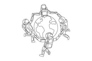 Single continuous line drawing a group of astronauts make a circle around the globe. With pride and joy can protect the earth. Cosmonauts protect the earth. Care. One line design illustration vector