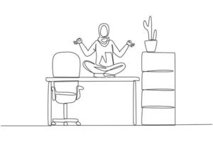 Single one line drawing Arabian woman sitting cross-legged on a work desk. Do yoga activities while at the office. Makes the mind calm and focused better. Continuous line design graphic illustration vector