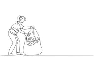 Single continuous line drawing trash woman puts some rubbish into plastic trash. Manual cleaning without tools. Reuse. Recycle. Junk. No pollution. Fresh air. One line design illustration vector