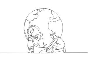 Continuous one line drawing Arabian girl standing watering plants. Encourage children to get used to caring for nature. Plant Trees. Make the earth greener. Single line draw design illustration vector