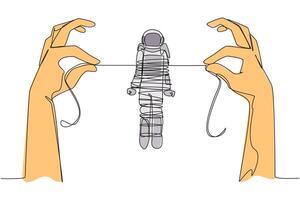 Continuous one line drawing astronaut standing and tied by a rope held by 2 giant hands. Become a prisoner. Hostage to fraud case. Failed space expedition. Single line draw design illustration vector
