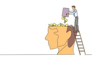 Single continuous line drawing businessman climb to the large, open head with stairs. Throw away the lightbulb. Convey some ideas to increase profits. Brainwashing. One line design illustration vector