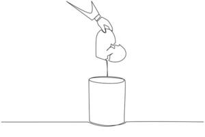 Single continuous line drawing businessman hand throwing away broken heart logo. Broken heart symbol. Throw away anything that makes the feel disappointed. Serene. One line design illustration vector