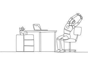 Single one line drawing robot sitting in work chair while raising both hands. Stretching. Make time for light exercise even if busy. Future technology AI. Continuous line design graphic illustration vector