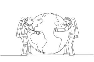 Continuous one line drawing two astronauts standing hugging globe. Take care of each other with all the heart. Keeps earth green. Cosmonaut protect earth. Single line draw design illustration vector