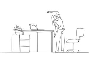 Single one line drawing woman stands while raising one hand and tilting body. Doing exercise during work. Functions to eliminate drowsiness. Overtime. Continuous line design graphic illustration vector