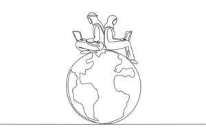 Single continuous line drawing Arabian man and Arabian woman sitting on globe typing on a laptop. Make a schedule for reforesting the earth. World environment day. One line design illustration vector