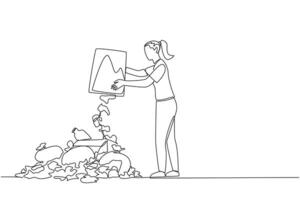 Continuous one line drawing woman throws rubbish into rubbish pile. Environmental care. Piling up trash is like inviting disease. Makes the air polluted. Single line draw design illustration vector