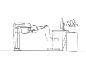 Single one line drawing astronaut bowed while holding his hand on his work chair. Stretching. Eliminates excessive nervousness. Preparing for expedition. Continuous line design graphic illustration vector