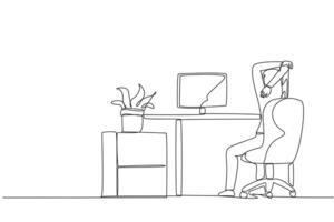 Single one line drawing woman sitting in work chair warming up her hands above her head. Relax itself. Stretch. Work can be more focused. Overtime. Hectic. Continuous line design graphic illustration vector