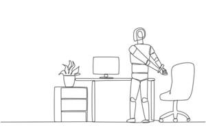 Single continuous line drawing robot stands with his hands behind his back. Stretching. Get the latest code to become smarter at exercising. Future technology. One line design illustration vector