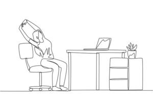 Continuous one line drawing woman sitting in work chair while raising both hands. Tense because too focused. Relax for a moment before continuing work. Single line draw design illustration vector