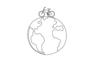 Single continuous line drawing bike on a globe. Vehicles without harmful exhaust gases. Environmentally friendly vehicle. Healthy vehicle. World environment day. One line design illustration vector