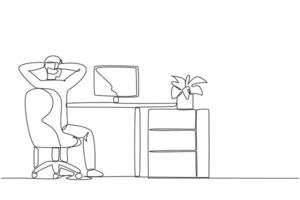 Single one line drawing man sitting in chair with his hands holding the back of head. Seen from behind. Work overtime on weekends. Remote work. Monitoring. Continuous line design graphic illustration vector