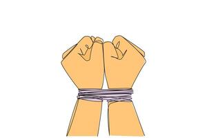 Single one line drawing of hand tied with rope. Entrepreneur involved in bribery case. Looking for profits without rules. Arrested. Detained. Impoverished. Continuous line design graphic illustration vector