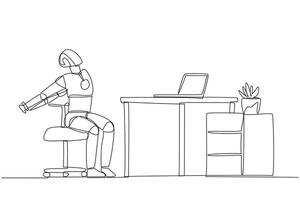 Single continuous line drawing robot sitting in work chair stretching arms behind back. Stretching robot. Programmed like humans in general. Future technology AI. One line design illustration vector