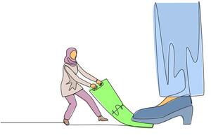 Single continuous line drawing Arab businesswoman pulling banknotes that were stepped on by the giant feet. Extra struggle to withdraw the money that due payment. One line design illustration vector